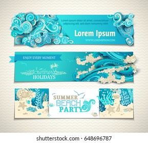 Vector set of sea/ocean horizontal banners. Clouds in blue sky, ocean waves, gulls and underwater wild life. Summer holidays. Summer beach party. There is copy space for your text.