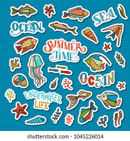 Vector set of sea/ocean patches, stickers, embroidery and sticky labels. Trendy patch badges and pins with cartoon fish, sea plants, jellyfish, corals, algae, shells and starfish. Hand-drawn doodles.