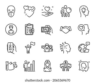 Vektorset von Search People, Info app und Image Album Linie Icons Set. Symbole für Führung, Herz und Handshake. Outsource Arbeit, Head-and-Blood-Spende-Zeichen. Suchen Sie Menschen Web-Symbol. Vektorgrafik