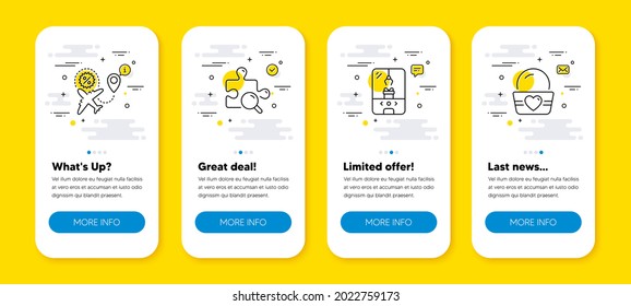 Vector set of Search puzzle, Crane claw machine and Flight sale line icons set. UI phone app screens with line icons. Ice cream icon. Jigsaw game, Attraction park, Travel discount. Sundae cup. Vector
