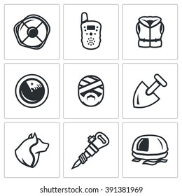 Vector Set of Search and Rescue service Icons. Lifebuoy, Radio, Life Jacket, Radar, Victim, Shovel, Dog, Jackhammer, inflatable Raft. Service of assistance to the population and people distress.