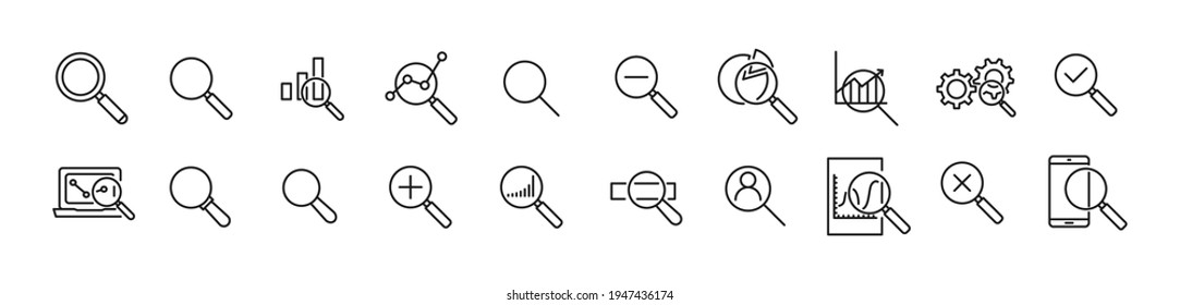 Vector set of search thin line icons. Design of 20 stroke pictograms. Search signs isolated on a white background.