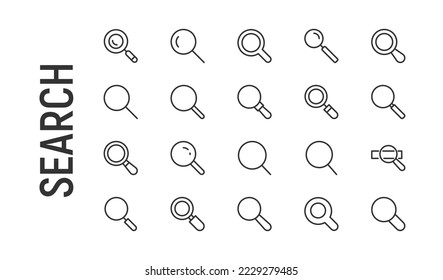 Vector set of search thin line icons. Design of 20 stroke pictograms. Signs of search isolated on a white background.