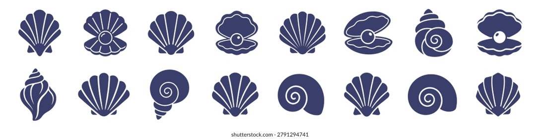vector set of seashell icons with pearl elements on transparent background