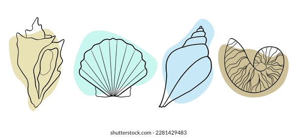 Conjunto vectorial de conchas de conchas de confección de línea de arte. Ilustración simple, silueta, aislada en fondo blanco.