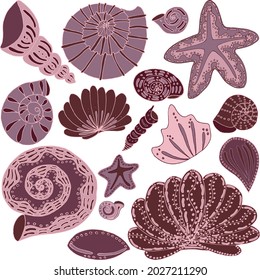 vector set of seashells and starfish monochrome isolated pink objects of the seas and oceans underwater world