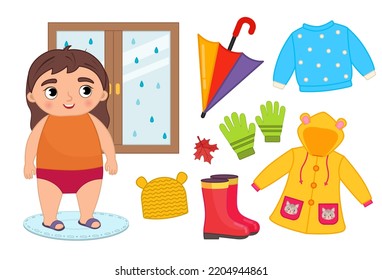 Vector set of seasonal autumn clothes for kids. Illustration of a cartoon girl looking out the window.
