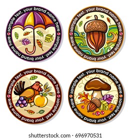 Vector set of Seasonal Autumn round drink coasters for cold, hot beverages. Cartoon fall designs for bar, pub, coffee shop, to place tea mug or beer bottle. Laves, nuts, umbrella, mushrooms and hen