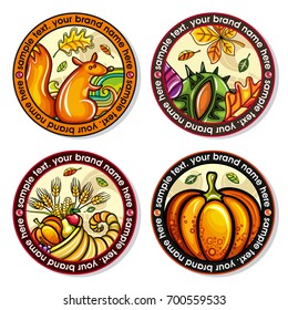 Vector set of Seasonal Autumn round drink coasters for cold, hot beverages. Cartoon fall designs for bar, pub, coffee shop, to place tea mug or beer bottle. Laves, nuts, squirrel, cornucopia, pumpkin