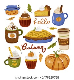 Vector set with seasonal autumn tasty food, drinks, pumpkin pie, pumpkin spice latte, desserts and pastry. Vector illustration with hand drawn lettering. Clip art set.