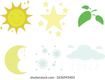 Vector set of seasonal icons including the sun, moon, stars, leaves, snowflakes, and rain clouds in a cute style