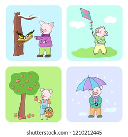 Vector set of seasonal pictures with pigs: winter, spring, summer, autumn, pastel colored doodles for postcards and calendars