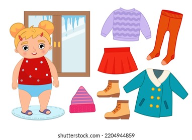 Vector set of seasonal spring clothes for kids. Illustration of a cartoon girl looking out the window.
