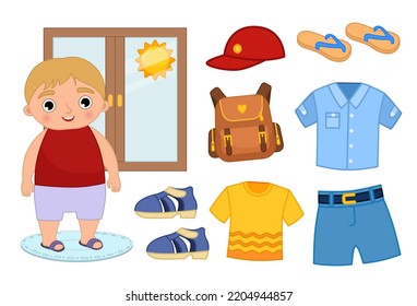 Vector set of seasonal summer clothes for kids. Illustration of a cartoon boy looking out the window.
