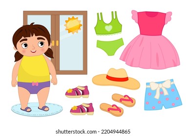 Juego de vectores de ropa de verano de temporada para los niños. Ilustración de una niña de dibujos animados mirando por la ventana.
