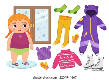 Vector set of seasonal winter clothes for kids. Illustration of a cartoon girl looking out the window.
