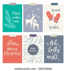 Vector set of seasonal/Christmas cards. Beautiful vintage Christmas posters with a gift box, snowflakes, mittens,  pattern with pine branches, wild animals and beautiful typography. 