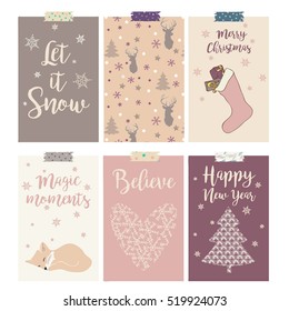 Vector set of seasonal/Christmas cards. Beautiful vintage Christmas posters with Christmas tree, stocking, snowflakes, pattern with reindeer, lacy heart, baby fox and beautiful typography. 