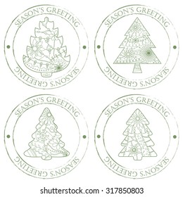 Vector set of season's greeting stamps with christmas trees vintage