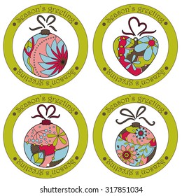 Vector set of seasons greeting stickers with christmas toys