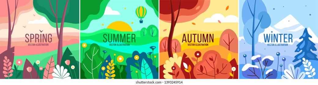 Vector set of seasons illustrations. Spring, summer, autumn, winter - landscapes in a flat style. - Shutterstock ID 1393245914