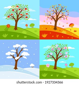 Vector set of seasons illustrations. Summer, autumn, winter, spring - landscapes in a flat style
