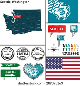 Vector set of Seattle, Washington in USA with flag and icons on white background