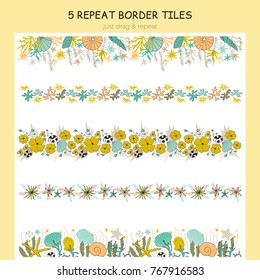 Vector set of seaweed repeat borders. Flowers, corals and shells in arrangements. For greeting cards, stationery, surface design, scrapbooking. Cute hand drawn style. Part of a big sea collection.