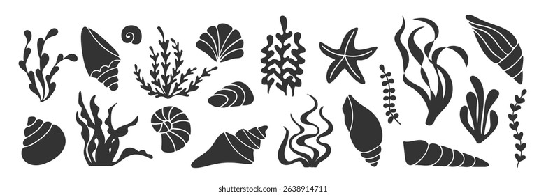 Vector set of seaweed, shells, starfish in flat black silhouettes. Minimal marine shapes for logo, packaging, sticker, kids craft, eco branding, beach travel design, ocean pattern, icon, summer decor