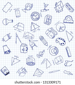 Vector set of secondary school icons in doodle style. Painted, drawn with a pen, on a sheet of checkered paper on a white background