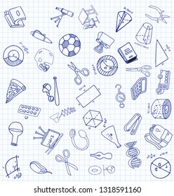 Vector set of secondary school icons in doodle style. Painted, drawn with a pen, on a sheet of checkered paper on a white background