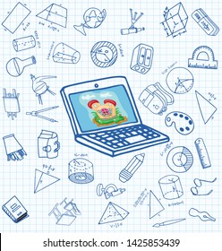 Vector set of secondary school icons in doodle style. Painted, drawn with a pen, on a sheet of checkered paper on a white background