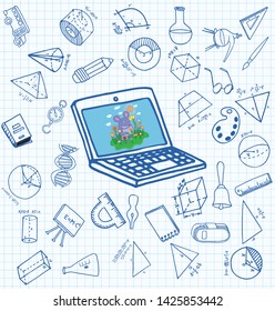 Vector set of secondary school icons in doodle style. Painted, drawn with a pen, on a sheet of checkered paper on a white background