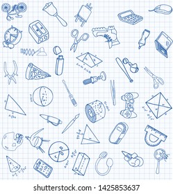 Vector set of secondary school icons in doodle style. Painted, drawn with a pen, on a sheet of checkered paper on a white background
