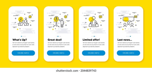 Vector Set Of Security Agency, Income Money And Buyer Line Icons Set. UI Phone App Screens With Line Icons. Meeting Icon. Body Guards, Wealth, Shopping Customer. Team Business. Vector