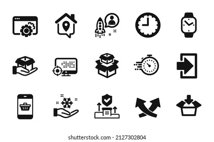 Vector set of Security agency, Packing boxes and Login icons simple set. Work home, Hold box and Startup icons. Time, Smartwatch and Seo signs. Security agency simple web symbol. Vector