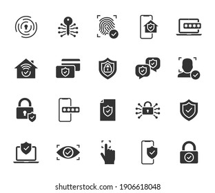 Vector set of security flat icons. Contains icons digital lock, cyber security, password, smart home, computer security, electronic key, fingerprint and more. Pixel perfect.