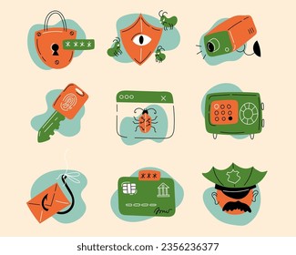 Vector set of security hand drawn icons. Contains icons of lock, bugs, camera, key, credit card, security, envelope.