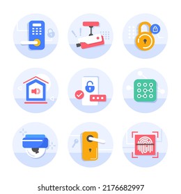 Vector Set Of Security Line Icons. Contains Icons Digital Lock, Cyber Security, Password, Smart Home, Computer Security, Electronic Key, Fingerprint And More. Pixel Perfect