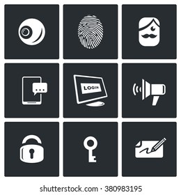 Vector Set Of Security Technology Icons. Retinal Scan, Fingerprint Identification, SMS, Password, Speech Synthesis, Locking, Unlocking, Signature.