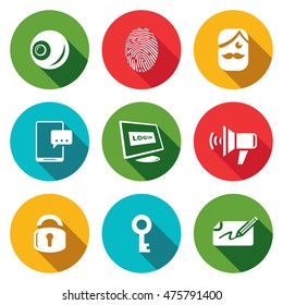 Vector Set Of Security Technology Icons. Retinal Scan, Fingerprint Identification, SMS, Password, Speech Synthesis, Locking, Unlocking, Signature.