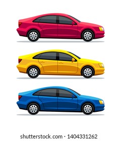 Vector set of sedan car isolated on white background. Side view. The design concept for a taxi, new car buying, traffic, and drivers education. Illustration.