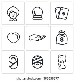 Vector Set of The Seer and Healer Icons. Grandma, Magic Ball, Tarot, Love, Divination palm, Wealth, Midwife, Healing, Chiropractic. Alternative medicine and divination. 