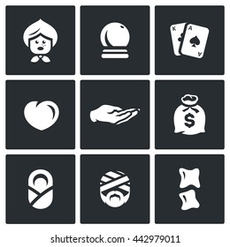 Vector Set of The Seer and Healer Icons. Grandma, Magic Ball, Tarot, Love, Divination palm, Wealth, Midwife, Healing, Chiropractic. Alternative medicine and divination. Isolated symbols 