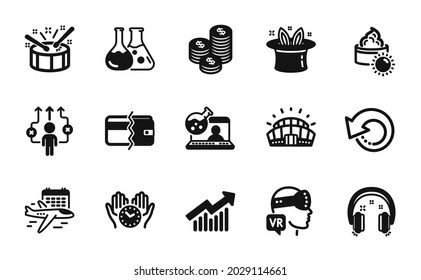 Juego de vectores de los iconos Seleccionar vuelo, Tiempo seguro y Monedas. Datos de recuperación, Iconos de tambores y crema solar. Curva de demanda, Química en línea y carteles de estadio deportivo. Vector