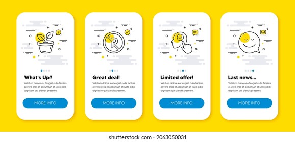 Vector set of Select user, No parking and Leaves line icons set. UI phone app screens with line icons. Smile icon. Head with checkbox, Car park, Grow plant. Chat emotion. Phone UI banners. Vector