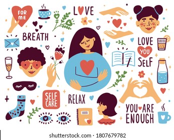 Vector set of self care icons. Love, relax, me time, slow life concept. Cute girl or woman hugging herself. Sticker collection with heart shape and lettering elements. Female body health illustration