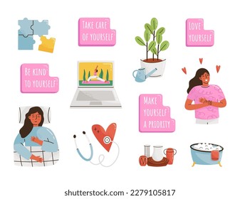 Vector set of self care icons. Love, relaxation, time, slow life concept. Pretty girl or woman hugging herself. Collection of stickers with heart shape elements and inscriptions.