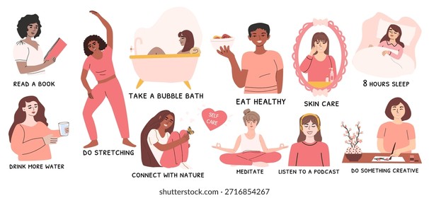 Vector conjunto de autoadhesivos de cuidado personal con mujer de diferente etnia. Estilo de vida diario, salud mental de la mujer linda. Concepto de vida lenta. Actividades de relajación, rutinas de belleza. Colección de pegatinas de autocuidado.