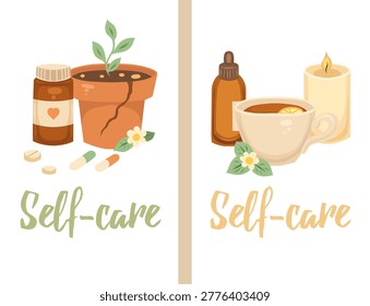Vector set of self-care cards. Collection of relaxing banners with calligraphy. Spa and bodycare. Illustration with plant, candle, tea for banners and articles.
